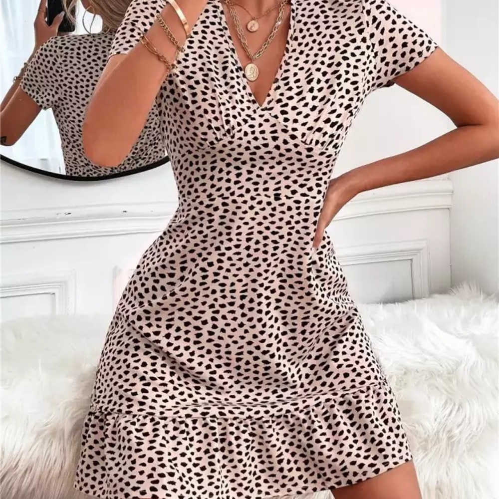 Polka dot spots cheetah print dress A-line with v-neck